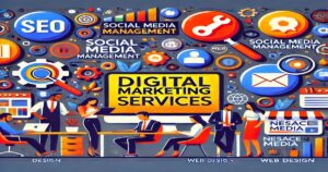 Illustration of people working on digital marketing tasks, surrounded by icons like social media, SEO, and email. A central monitor displays "Hire Digital Marketing Experts." Bright, colorful design with a tech and business theme inspired by Oregon's innovative spirit.