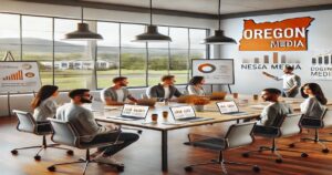 A diverse group of digital marketing experts is having a meeting in a modern conference room. A large map labeled "Oregon Media" adorns the wall, while charts glow on screens. Laptops and coffee cups are scattered across the table, fueling discussions to hire new talent.