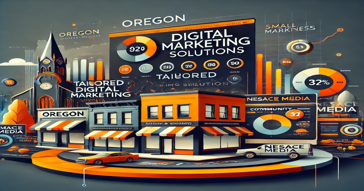 A digital marketing-themed illustration featuring charts, graphs, and a vibrant street scene with buildings labeled "Oregon." Terms like "Digital Marketing Solutions," "Tailored," and "Community" are highlighted. Designed by experts, it boasts a bright, modern aesthetic in orange and gray tones.