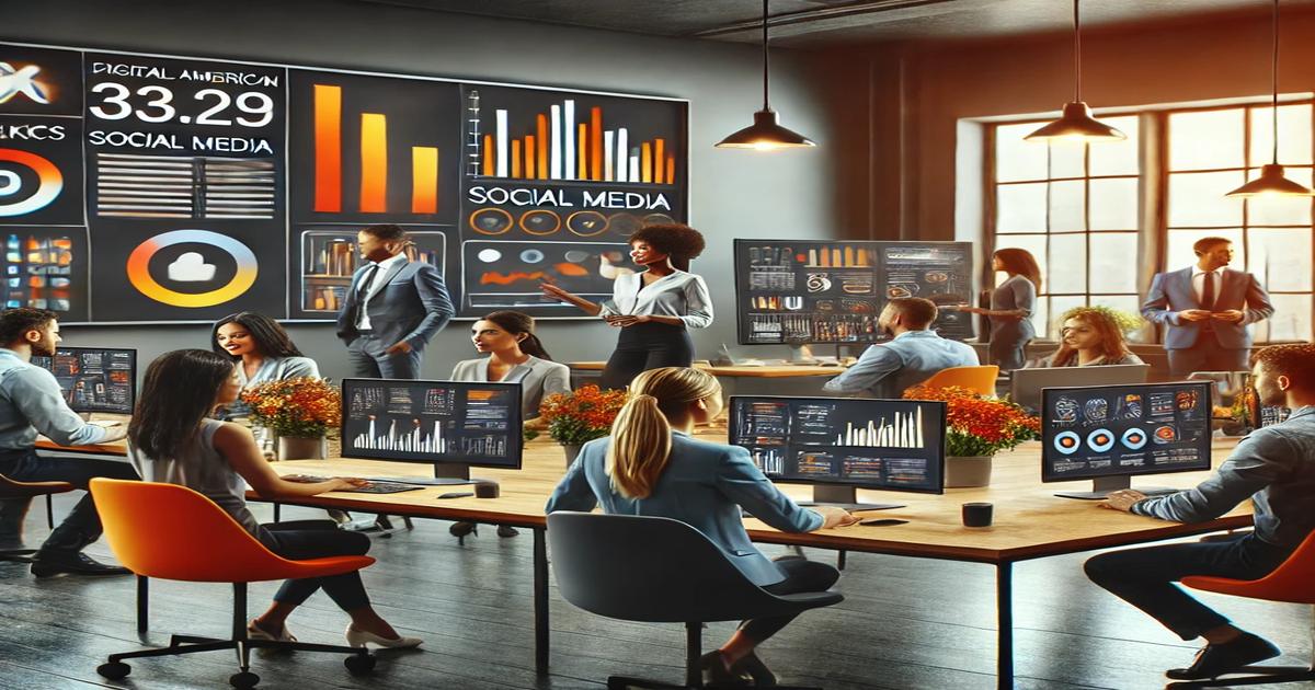 A modern digital marketing agency buzzes with professionals analyzing data. Large screens display social media graphs, while people at computers foster a collaborative atmosphere. Essential benefits are visible in the dynamic environment, driving innovation and success.