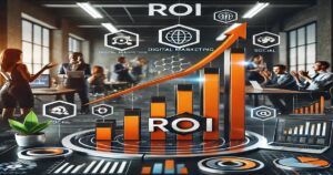 In an office setting buzzing with discussion, a 3D bar graph labeled "ROI" shows an upward trend. Digital marketing icons and terms like "social" and "local" overlay the scene, illustrating the benefits of leveraging a digital marketing agency for business growth and strategy.