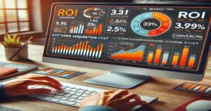 A person works on a computer displaying colorful graphs and charts related to marketing analytics, including ROI, CAC, and conversion rates. Other analytic terms critical to business growth are featured on the large screen, while a keyboard lies in the foreground.