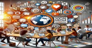 A diverse group of people seated at a long wooden table, all using laptops and tablets, devises expert tips in social media management. Behind them, a vibrant wall displays various social media icons like Facebook and Twitter. The central focus is an image of a globe with the text "Social Media.