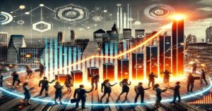 A futuristic cityscape features silhouettes of people engaging beneath a large, glowing bar graph signaling upward business growth. Digital elements and abstract graphics overlay the scene, symbolizing technology and the value of marketing analytics in driving progress.