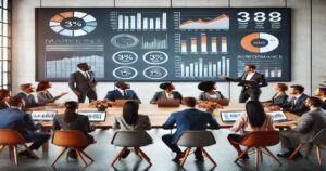 A diverse group of business professionals seated around a conference table attentively observes a presentation on business growth. A large screen displays charts, graphs, and marketing analytics. The presenter points to the data, engaging the audience.