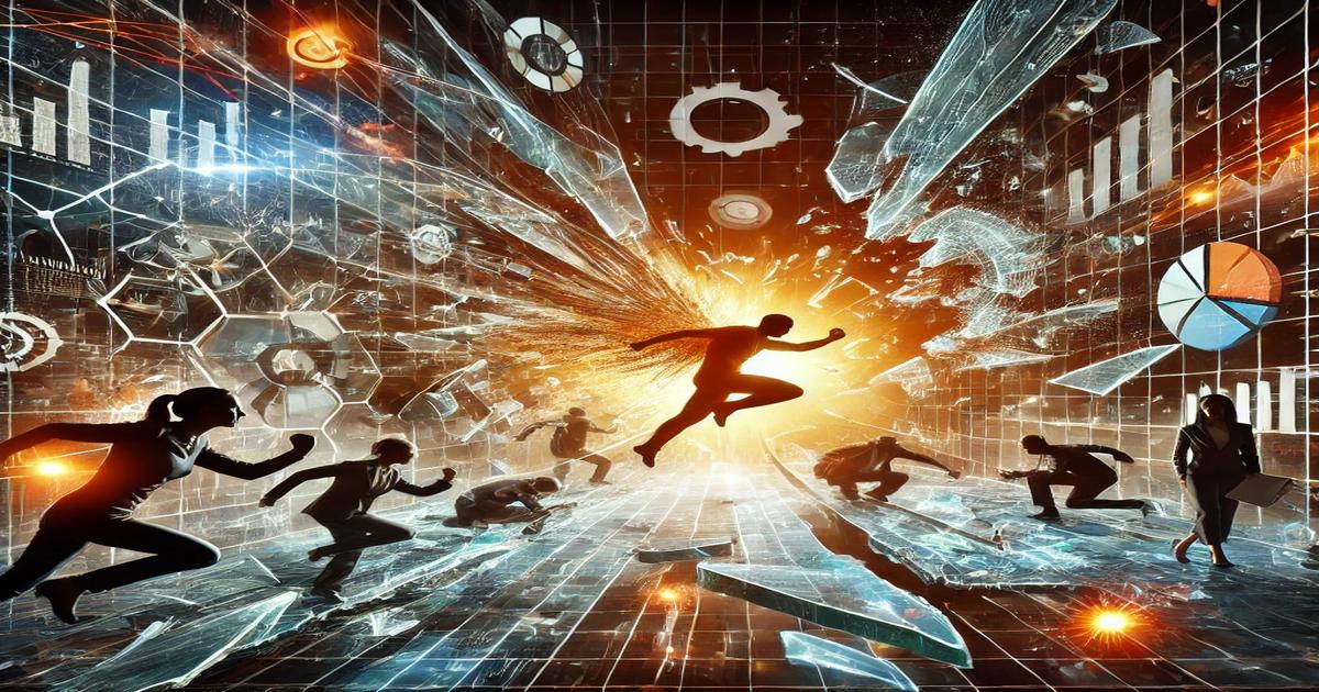 Silhouettes of people running and jumping through a digital landscape filled with shattered glass, graphs, and gears. The scene conveys urgency and chaos in the realm of marketing analytics, with bright orange and blue hues highlighting the dynamic environment.