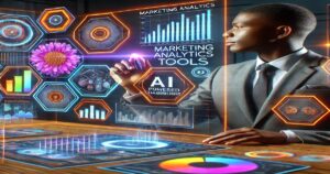 A man interacts with a futuristic digital interface featuring marketing analytics, AI tools, and various graphs and charts. A flower icon and a holographic display highlight business growth. Bright, vibrant colors dominate the scene.