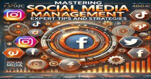 A digital artwork showcases various social media icons, including Facebook, Instagram, TikTok, Twitter, and Pinterest, encircling a central Facebook symbol. The text reads "Mastering Social Media Management: Expert Tips and Strategies," highlighting essential strategies for effective social media management.