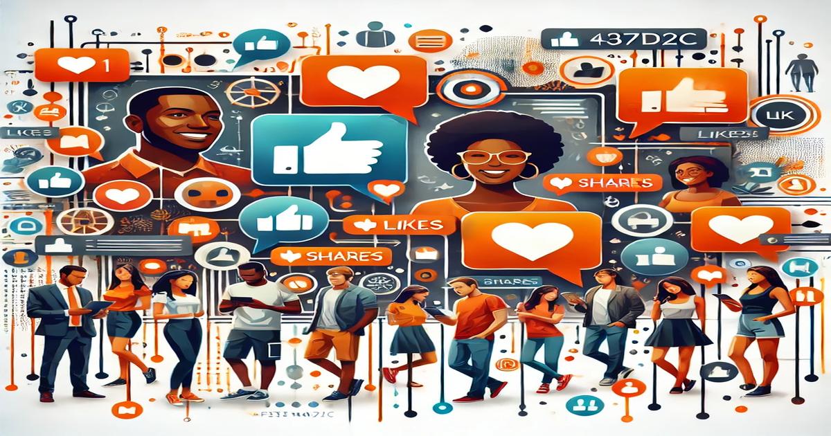 A vibrant digital collage depicting diverse people surrounded by social media icons like likes, shares, and comments. The illustration shows interconnected networks, symbolizing online engagement and communication through expert tips in social media management strategies.