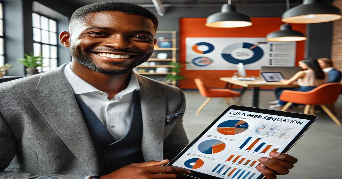 A smiling man in a gray suit holds a tablet displaying marketing analytics charts. Behind him, a modern office vibrant with business growth potential, where charts adorn the walls and two colleagues diligently work at a desk. Natural light streams through large windows.