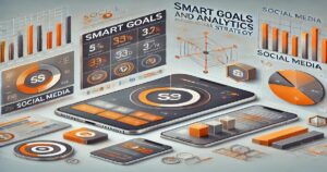 A collection of digital dashboards displaying analytics and charts for smart goals and expert social media management strategies. The visuals include bar graphs, pie charts, and trend lines in a futuristic design, all with a keen focus on data visualization.