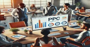 A diverse group of professionals in business attire gather around a table in a modern Portland office. They are focused on a large screen displaying PPC Advertising data and graphs labeled "PPC Campaign," all aimed at driving business growth. Laptops and tablets are spread across the table.