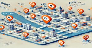 A 3D illustrated city map of Portland features buildings and streets, marked by orange location pins labeled "Tech" and "PPC Advertising" for digital marketing. The map highlights business growth areas, with surrounding terms like "Health" and "Healthcare.