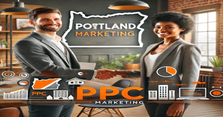Two professionals shake hands in a Portland office, with "Portland Marketing" displayed on a sign behind them. Surrounded by charts and digital icons, the scene reflects business growth.