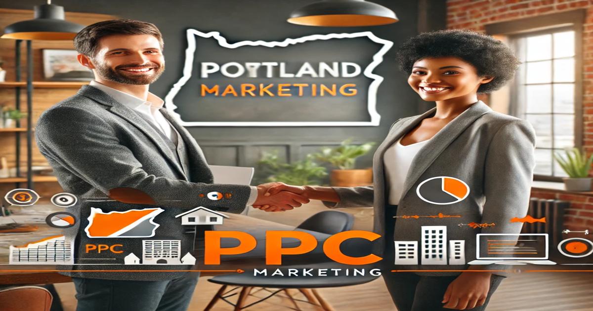 Two professionals shake hands in a Portland office, with "Portland Marketing" displayed on a sign behind them. Surrounded by charts and digital icons, the scene reflects business growth.