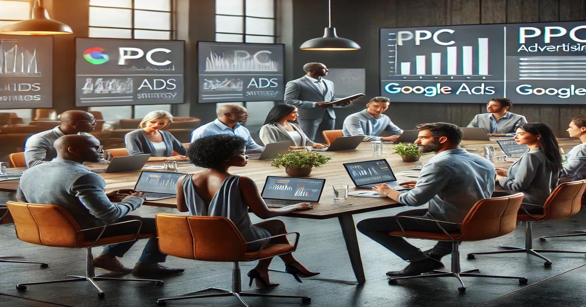 A diverse group of professionals in a modern Portland conference room discusses digital marketing strategies. Multiple screens display PPC advertising and Google Ads graphs. Laptops and documents are on the large wooden table, reflecting the expertise of this advertising agency.