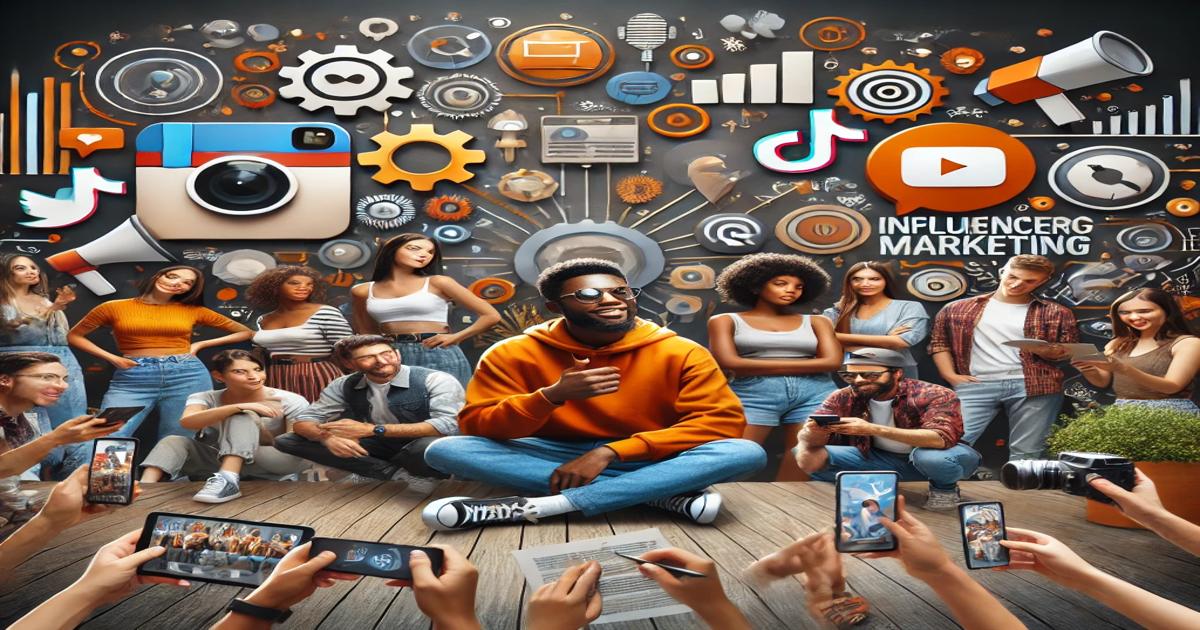 A diverse group of people engaged with smartphones and cameras surrounds a person in an orange sweater. Social media icons like Instagram, YouTube, and TikTok are set against a colorful backdrop labeled "Influencer Marketing," highlighting the dynamic world of campaigns and endorsements.