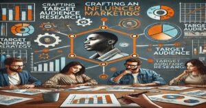 A group of people sit around a table with charts and graphs, brainstorming influencer marketing campaigns. Central image shows a person's silhouette surrounded by icons. Background has text: "Crafting Target Audience Research" and "Crafting an Influencer Marketing Endorsements Strategy.