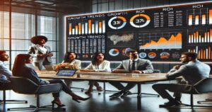 In the sleek, modern conference room of a full-service digital marketing agency, a diverse group of professionals analyzes charts projected on a large screen. These charts display growth trends and ROI metrics, captivating attendees who are keenly focused on the presentation.