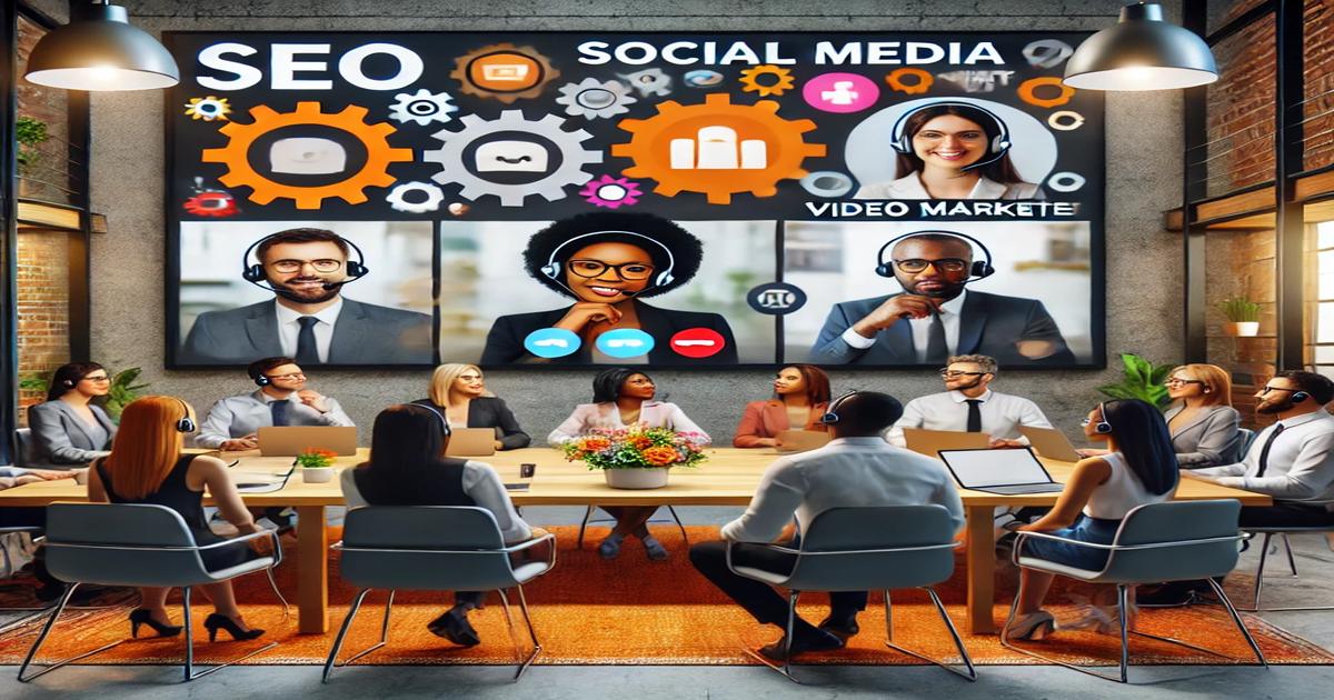 A meeting room with professionals from a full-service digital marketing agency seated around a table, discussing strategies. A large screen displays graphics of SEO and social media, with video call participants wearing headsets. Bright, modern office setting with glass walls.