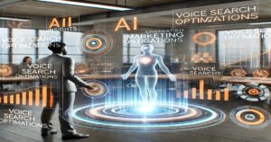 A person stands in an office, facing a glowing holographic figure surrounded by digital data and graphics. Words like "AI insights," "voice search optimizations," and "digital marketing" float around, embodying the innovative spirit of a full-service digital marketing agency.