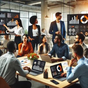 A diverse group of people in a modern office setting are engaged in a business meeting. They're seated around a table with laptops displaying charts. Two people stand beside large digital screens showing digital marketing graphs, participating actively in the discussion.