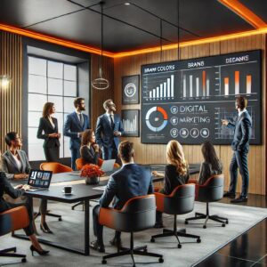 A professional meeting room with men and women in business attire buzzes with energy. A presenter from a digital marketing agency gestures at graphs displayed on large screens. Attendees sit around the conference table with laptops, engaging in discussion aimed at unlocking success.