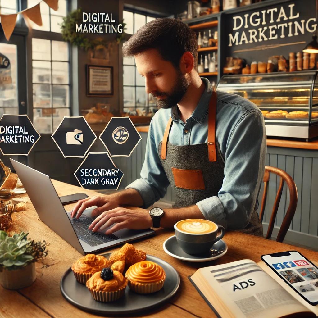 A man sits in a cozy café, working on his laptop surrounded by coffee, pastries, and digital marketing materials. Hexagonal icons float around him, reflecting concepts from a digital marketing agency. It's the perfect spot for unlocking success amid wooden decor and tempting baked goods on display.