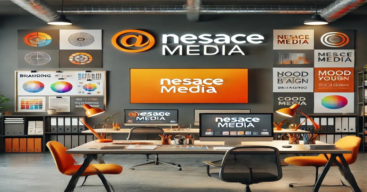 A modern office with a branding agency theme features multiple screens displaying "Nesace Media" Branding and Mood Boards adorn the walls, while orange chairs complement the gray decor. Various design elements offer tips on creativity and emphasize a strong media focus.