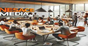 A modern office buzzes with diverse employees collaborating at large wooden desks. The "NESACE MEDIA" logo stands proudly on the wall, reflecting their expertise as a leading branding agency. Team members engage in discussions and activities, sharing top tips for successful branding strategies.