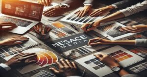 A group of people are gathered around a wooden table reviewing design materials, showcasing top tips for choosing the right branding agency. Laptops, color swatches, printed images, and the text "Nesace Media" suggest a creative meeting or brainstorming session.