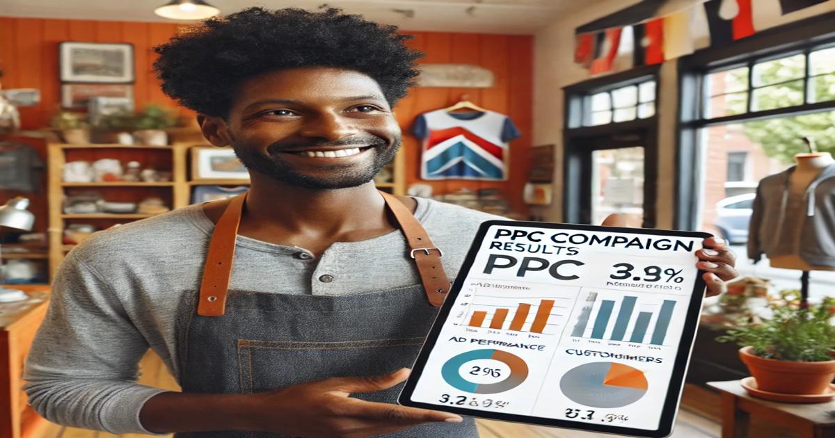 A person in a Portland store holds a tablet showcasing PPC advertising campaign results, with graphs and percentages highlighting success in ad performance and customer metrics. The warm lighting illuminates various items displayed in the background, creating an inviting atmosphere.