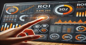 A hand interacts with a futuristic touch screen displaying analytics, including ROI statistics, graphs, and conversion rates. Bright orange and white graphics highlight website traffic data and percentages—a tool essential for the best digital marketing strategies in any savvy business or agency.