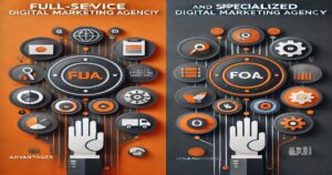 Infographic comparing full-service and specialized digital marketing agencies. Features icons like a globe, graph, and megaphone. Text highlights advantages and disadvantages, with hands and gear motifs representing different services and focus areas—an essential guide for choosing the right agency for your business.