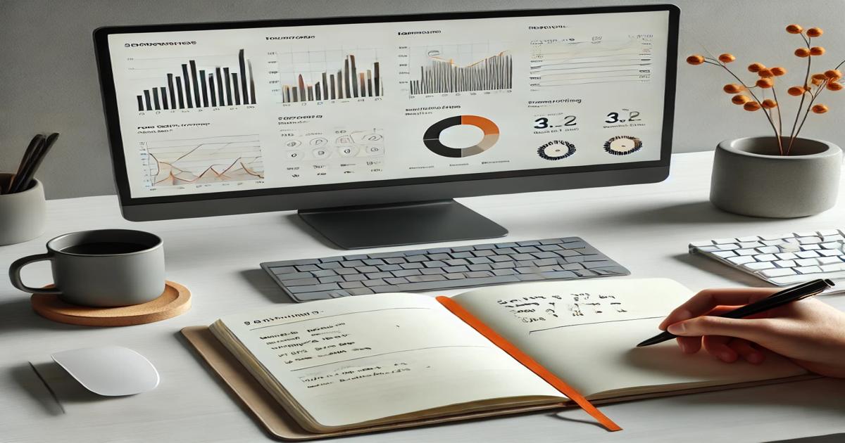 A tidy workspace features a computer displaying essential data charts and graphs, ideal for small businesses. A person writes in a notebook with an orange bookmark. The desk also has a cup of coffee, a keyboard, mouse, and a decorative plant vase.