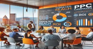 A diverse group of professionals is seated around a conference table at a Portland agency, discussing a presentation on a large digital screen displaying data charts and graphs related to PPC advertising, targeted reach, and ROI. Large windows reveal a bustling cityscape.