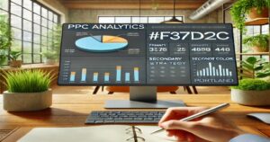 A person writes notes at a desk, with a computer displaying PPC analytics and charts for a Portland-based PPC Advertising Agency. The workspace, featuring a keyboard, mouse, plant, coffee cup, and large windows with views of greenery and brick walls, creates a modern yet natural atmosphere focused on optimizing ROI.