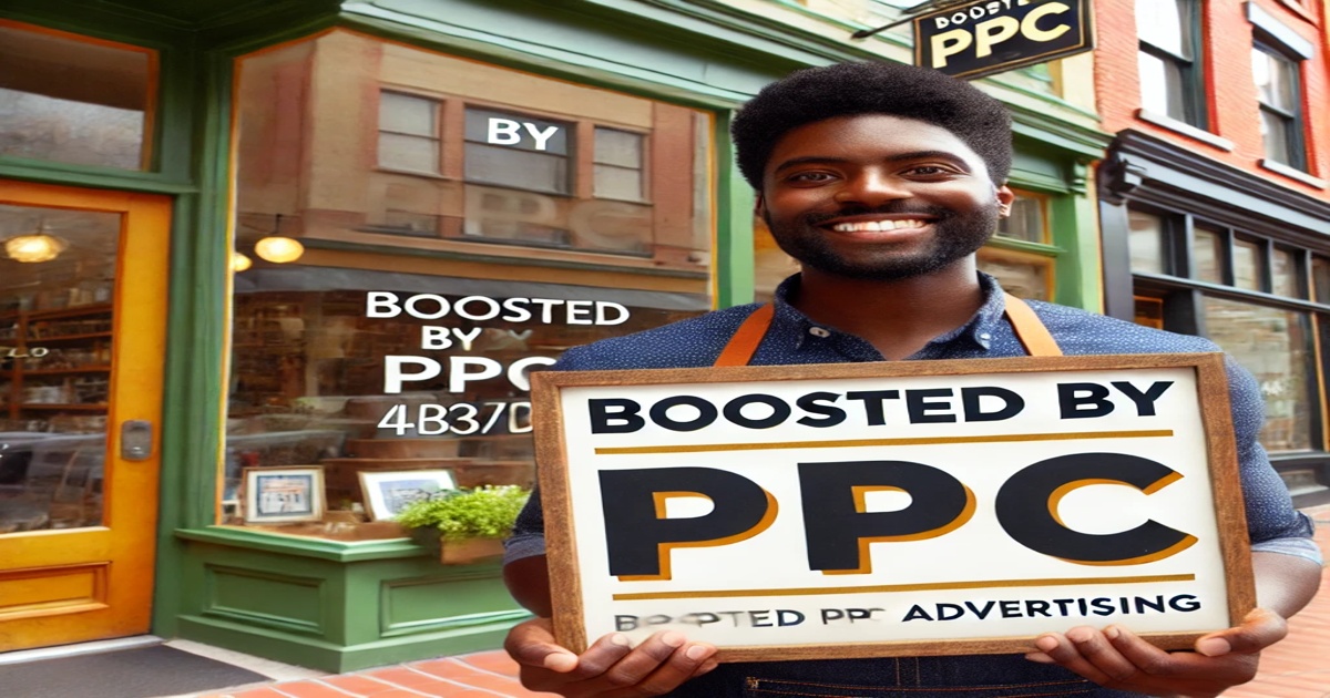 A person holding a sign that reads "Boosted by PPC" stands in front of a charming, retro-style Portland storefront with matching signage. The shop features a glass door and window, and the person is smiling warmly, wearing an apron.