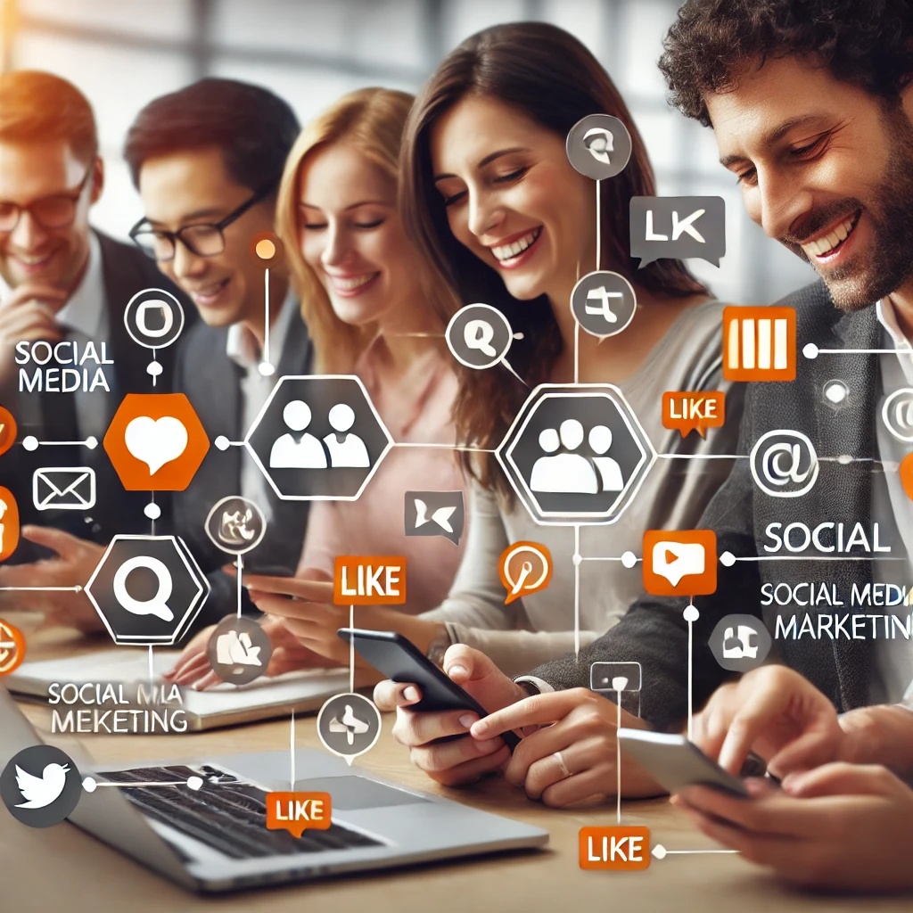 A group of people smiling and using smartphones, surrounded by icons representing social media interactions like "like" and "share," with symbols indicating networking and communication. This vibrant scene underscores the dynamic landscape of digital marketing in 2025.