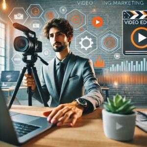 A man in a suit stands by a tripod-mounted camera in the modern office of 2025. He is using a laptop on a wooden desk with a small plant, prioritizing the latest digital marketing channels. Digital video editing icons are overlaid in the background.