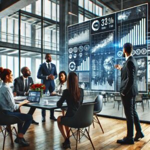 A diverse group of six business professionals in a sleek conference room at a digital marketing agency examines holographic screens displaying charts and graphs. As one person presents data, the large windows offer a glimpse into 2025's dynamic world beyond the wooden floor.