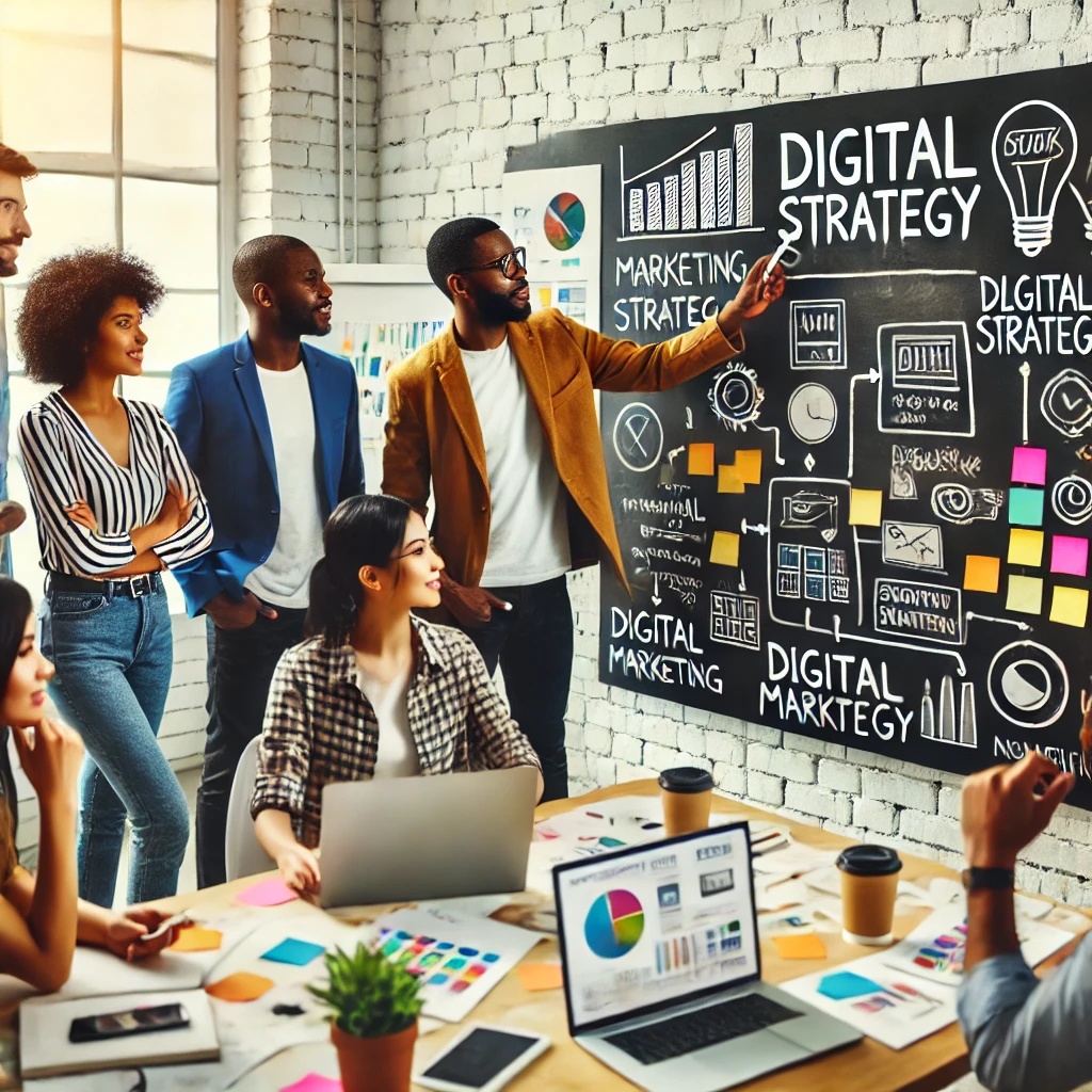 A diverse group of people in a bright office, gathered around a chalkboard with "Digital Strategy" for 2025 written on it. One person stands pointing at the board, representing their digital marketing agency, while others listen and take notes, with laptops and charts visible on the table.