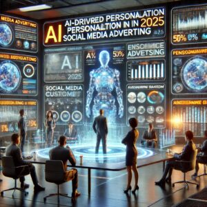 In a futuristic office, individuals in business attire gather around a holographic figure. Walls display digital screens showcasing AI, social media marketing strategies, and advertising analytics, highlighting trends 2025 and AI-driven personalization.