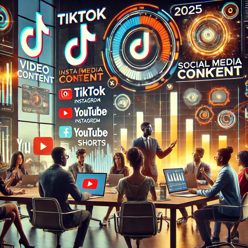 A futuristic meeting scene with diverse professionals seated around a table, discussing cutting-edge social media marketing strategies. Digital screens display "TikTok," "YouTube," and content plans for 2025, illustrating a high-tech brainstorming session focused on marketing trends.