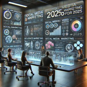 In a futuristic office, professionals gather around a table covered in holographic screens, showcasing the latest trends and best strategies for social media marketing in 2025. Large digital screens on the walls display charts and data analytics from their cutting-edge research.