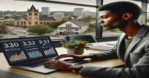 A person in a suit works on a laptop displaying graphs and numbers, strategizing on digital marketing techniques to boost your business. Through the large window behind them, the scenic city view of Hillsboro, OR unfolds, featuring a church and other buildings. The atmosphere is professional and focused.