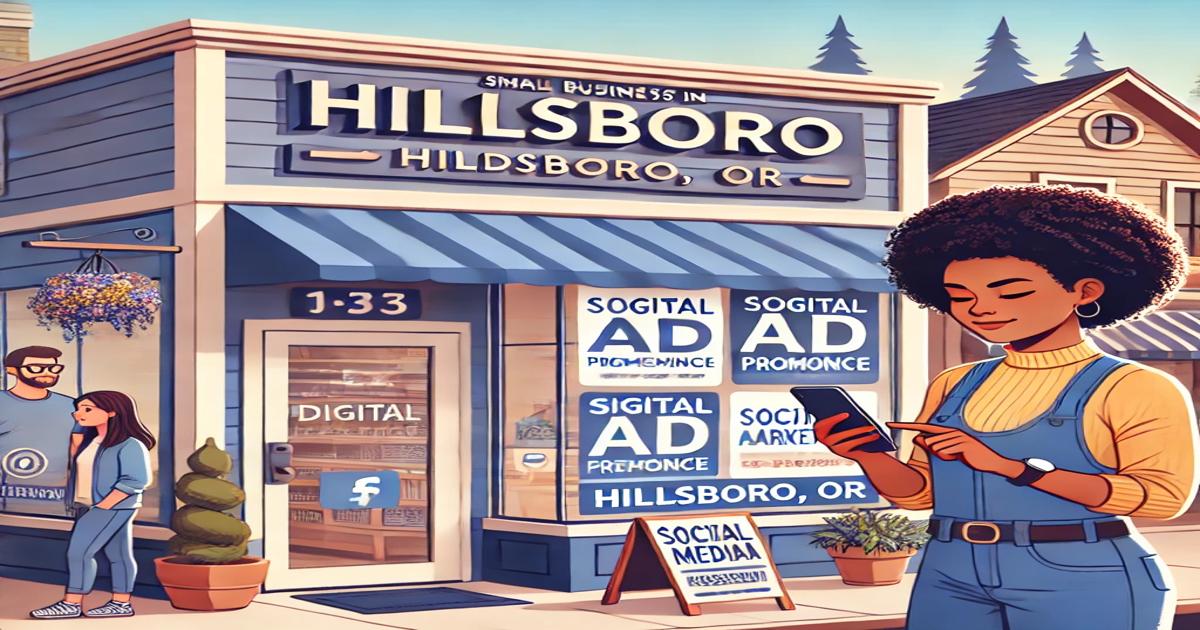 A woman with curly hair stands outside a digital marketing agency in Hillsboro, OR, checking her phone to see ways to boost your business. The shop features a blue and white facade with a Facebook logo on the door. Meanwhile, another person walks past holding a coffee.