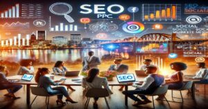 A diverse group of professionals gathers around a table in a futuristic office in Hillsboro, OR. The background showcases cityscape views and digital graphics related to SEO, PPC, and social media, highlighting digital marketing strategies designed to boost your business.