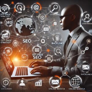 A person in a suit works on a laptop, surrounded by floating digital icons related to SEO techniques like "Backlinks," "Online Media," and "Off-Page Strategy." A map and network connections in the background highlight a focus on enhancing online visibility through digital marketing strategies.