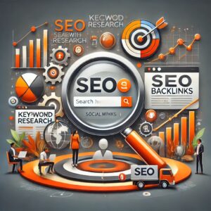 A digital collage of SEO concepts dramatically enhancing online visibility. A magnifying glass highlights "SEO," surrounded by terms like "backlinks" and "keyword research." Icons represent data charts, gears, and a truck labeled with "SEO," as animated figures work on improving techniques using digital devices.